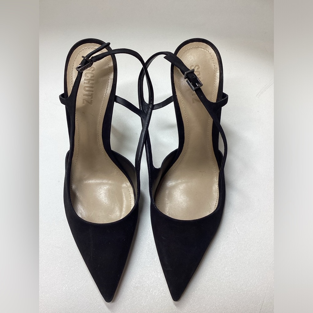 SCHUTZ Black Pointed Toe Strappy Slingback Heels